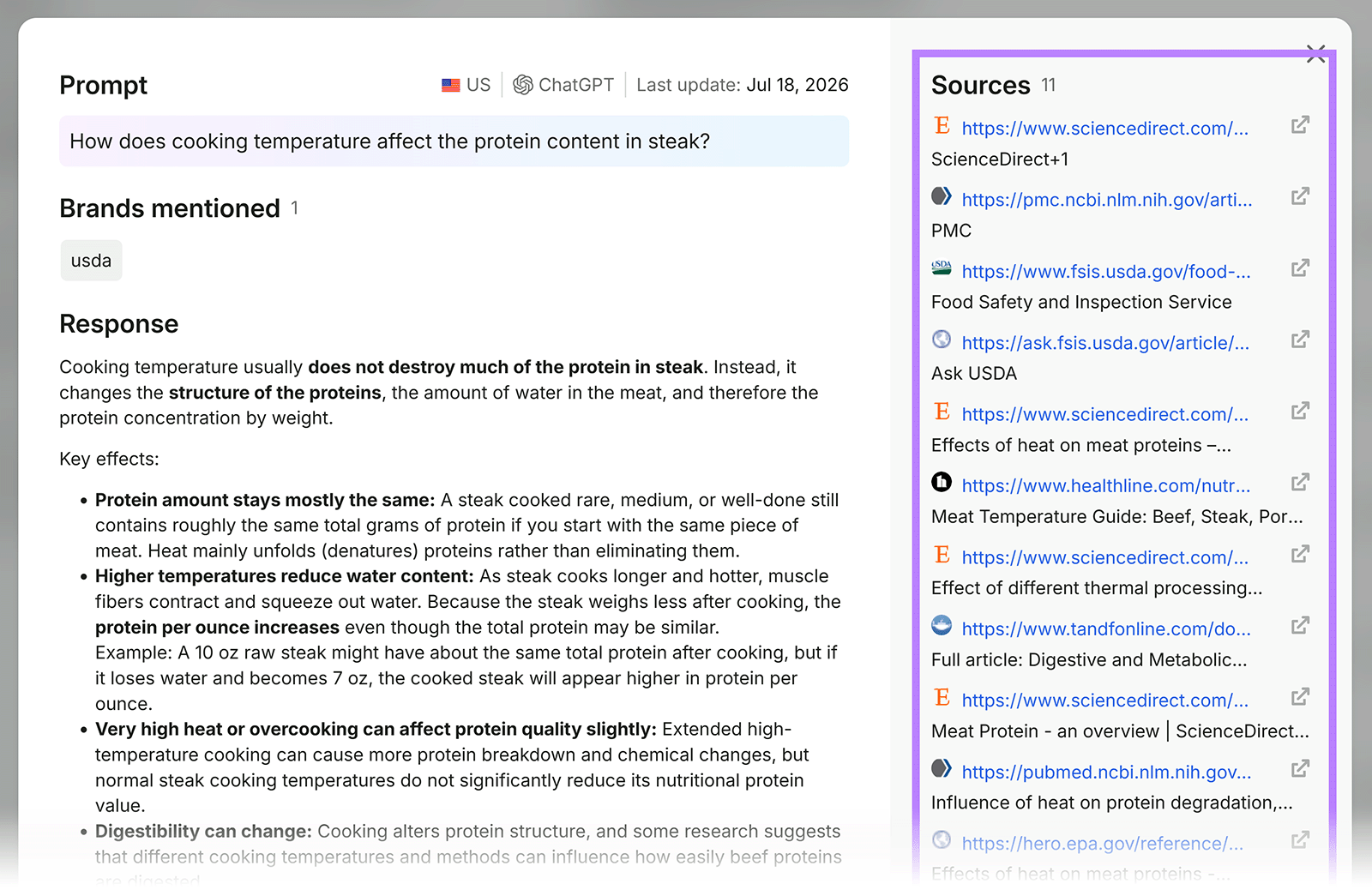 ChatGPT response on how cooking temperature affects steak protein, with 11 scientific and government sources
