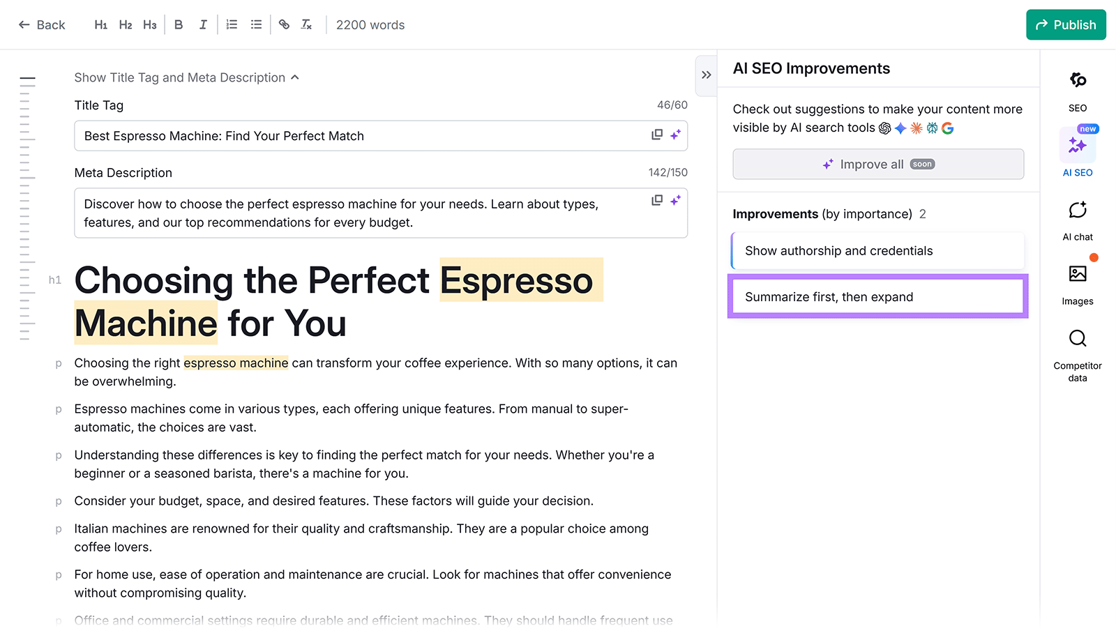 Content editor with highlighted AI SEO improvement suggestions, including “Summarize first, then expand.”