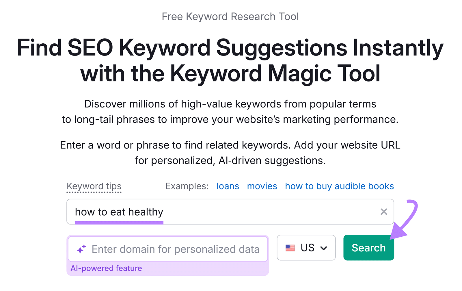 Keyword Magic Tool page with “how to eat healthy” typed in the search bar and an arrow pointing to the Search button