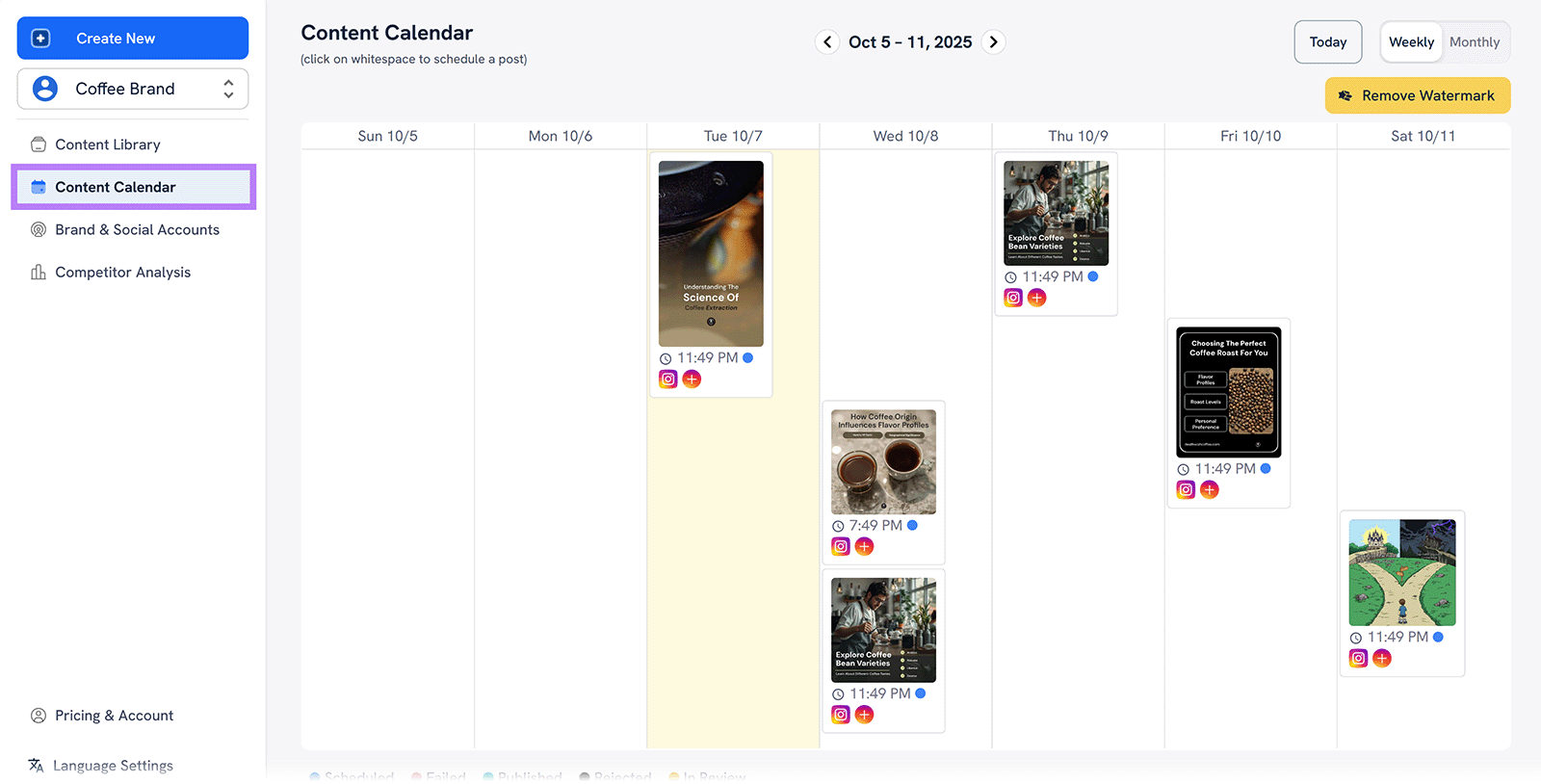 Content calendar view showing scheduled coffee brand posts across a weekly timeline with thumbnails and times.