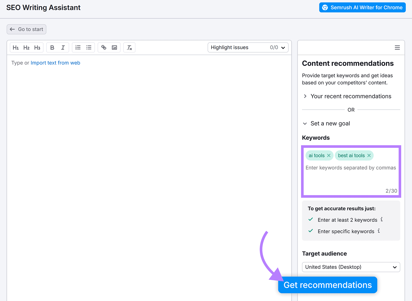 SEO Writing Assistant setup screen with a keywords box highlighted and an arrow pointing to the Get recommendations button.
