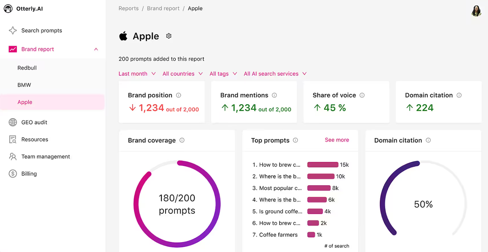Otterly AI's brand report shares brand position, mentions, share of voice, domain citations, brand prompt coverage, and top prompts.