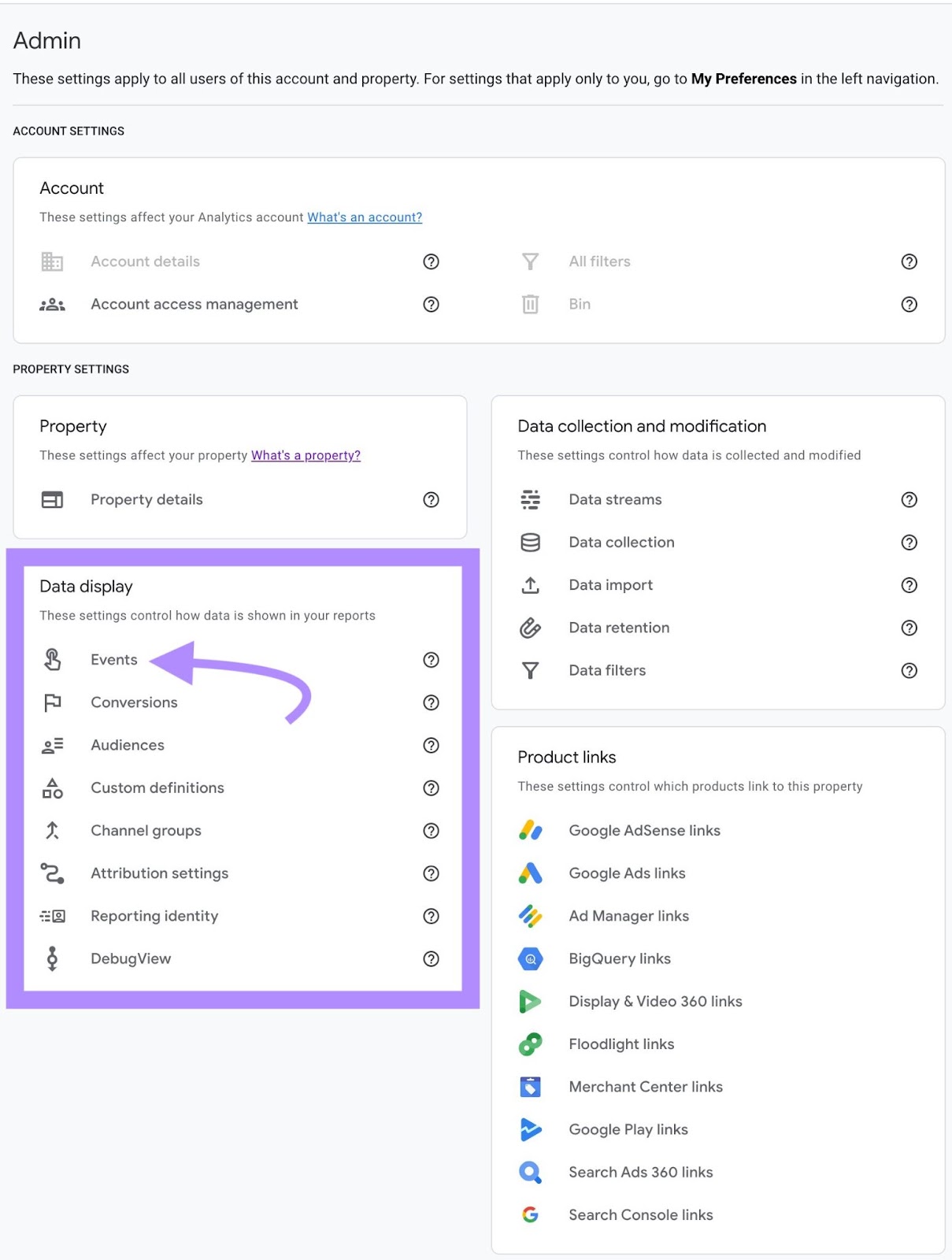 "Event" selected under “Data Display” section of GA4 Admin menu