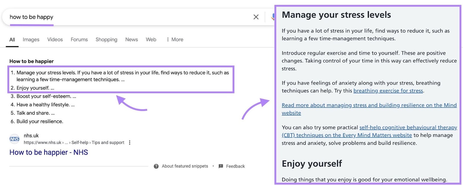 Featured snippet for the term "how to be happy" with the list snippet extracted from the main headings of the featured article and displayed as steps.