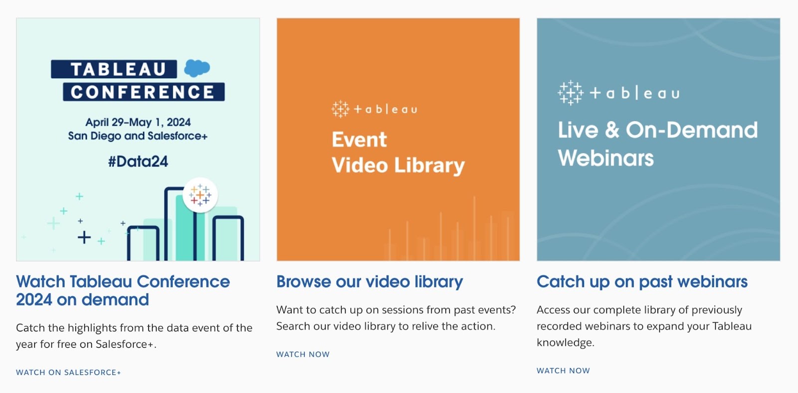 Events and conferences page on "Tableau" include links to a 2024 conference, the video library, and past webinars.