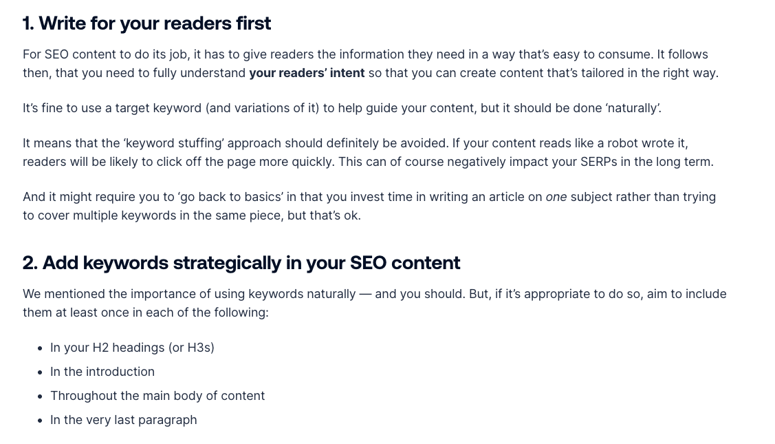 SEO writing tips emphasizing writing for readers first and adding keywords strategically in content.