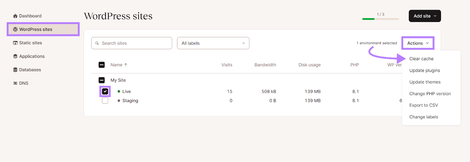 WordPress sites in Kinsta dashboard selected with Actions menu expanded and Clear cache highlighted.