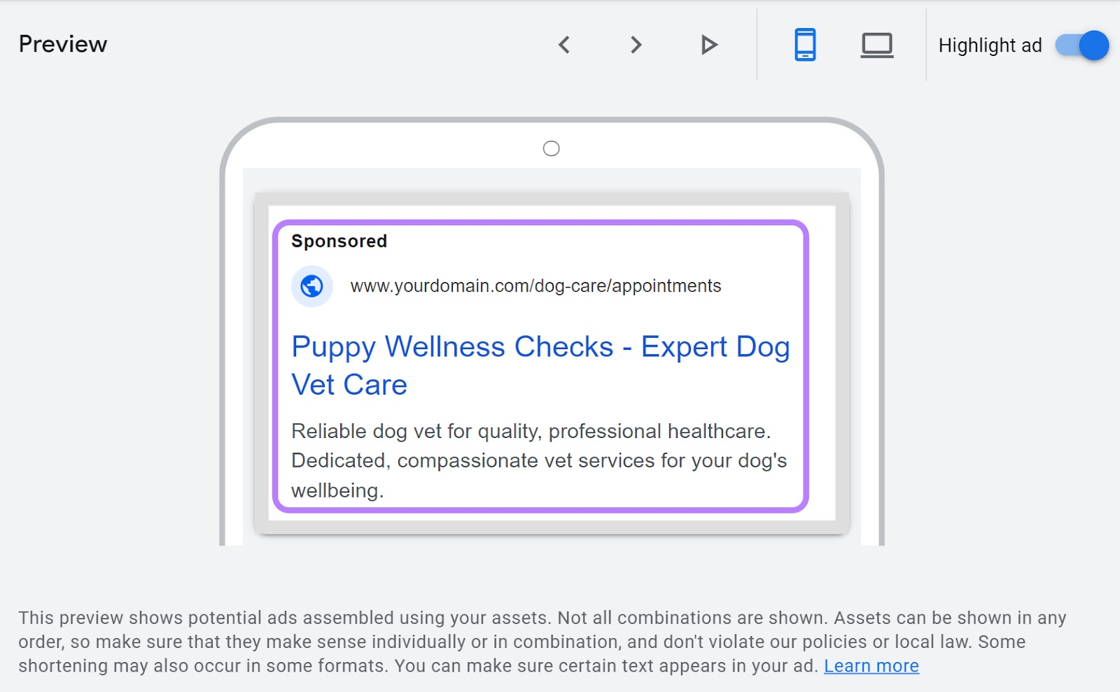 A responsive search ad example