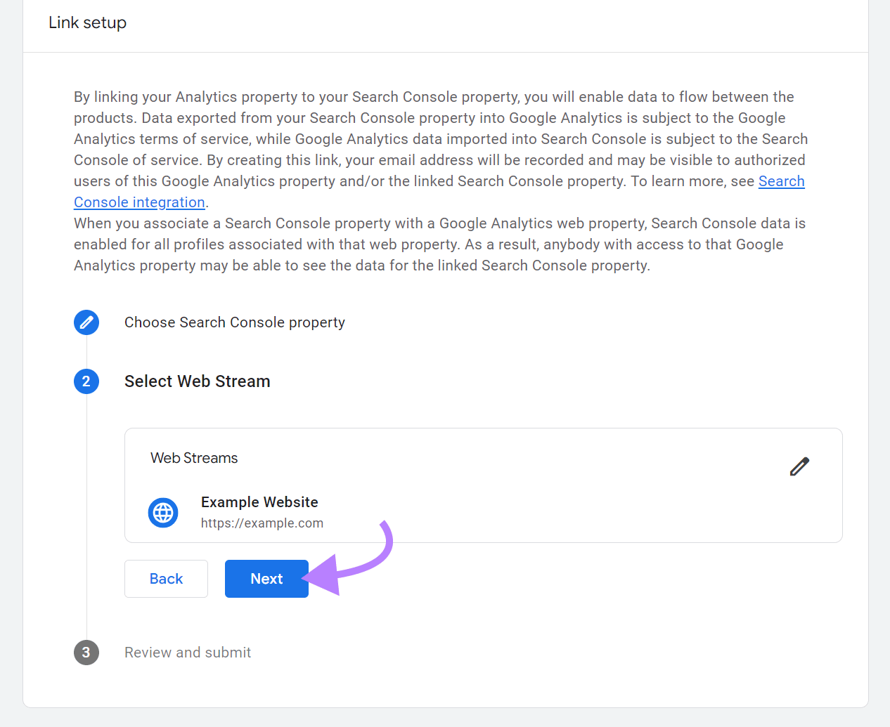 “Select Web Stream” step in connecting GSC with GA4