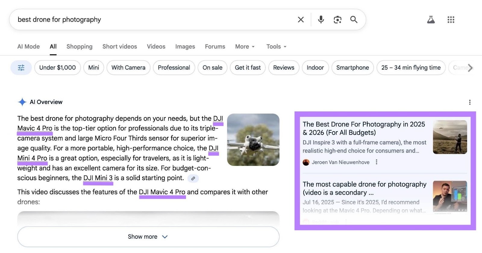 The different brand mentions and sources on the right appearing in the opening section of an AI Overview highlighted.