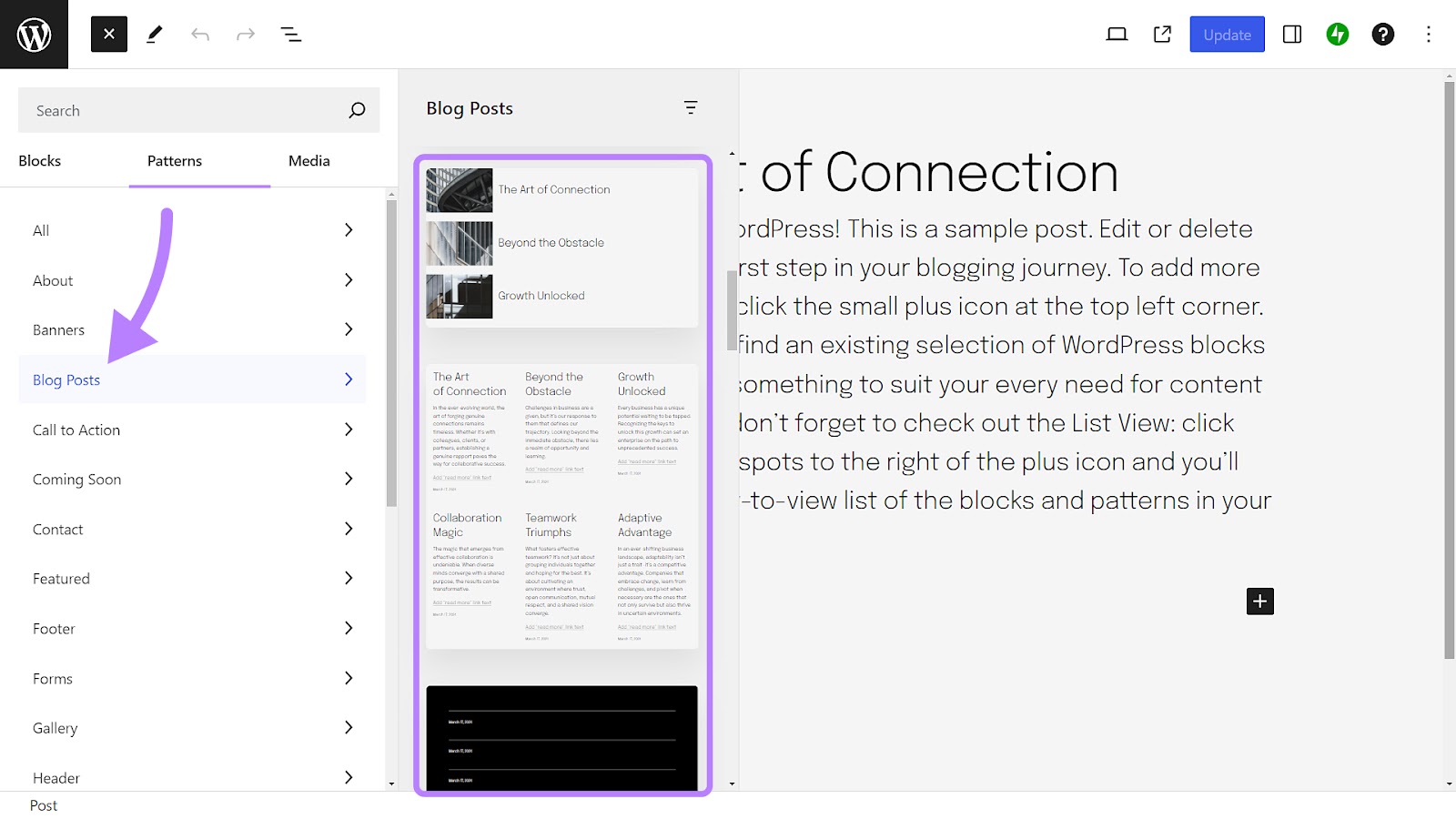 a list of patterns, premade collection of blocks, shown in WordPress blog editor