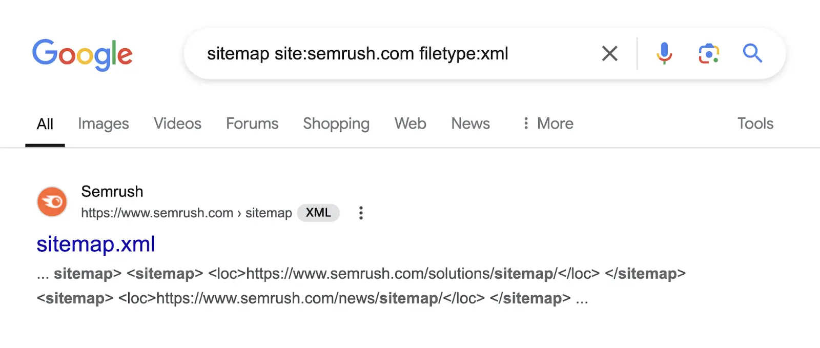 Google search results for sitemap xml filetype on Semrush domain name
