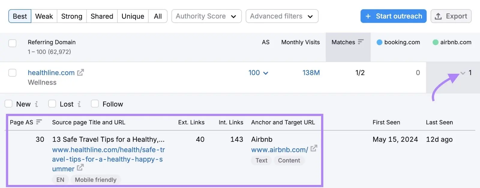 Domain backlink details showing in expanded row.