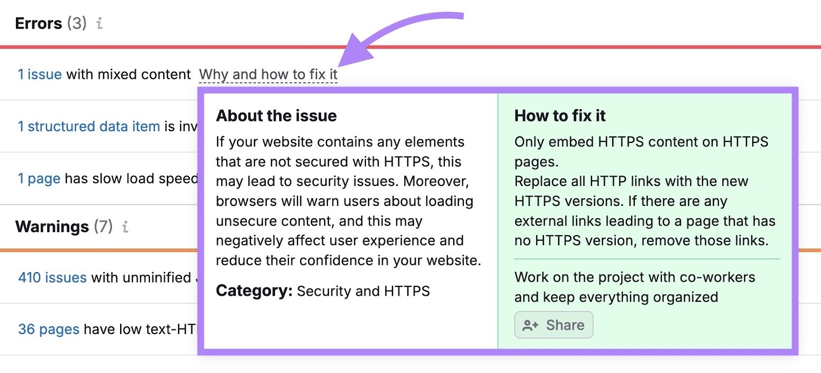 "Why and how to fix it" next to an error clicked showing more information about the issue and step-by-step instructions on how to fix it.