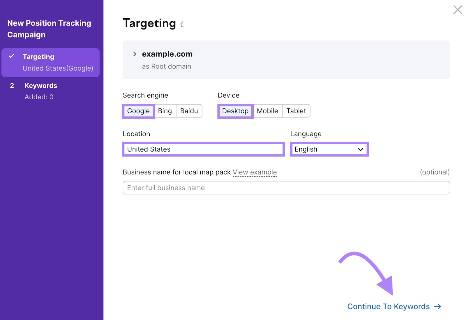 Targeting settings on the Position Tracking tool with options to select the search engine, device, location and language.