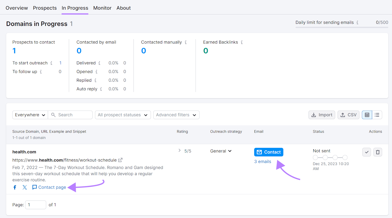"In Progress" tab in Link Building Tool