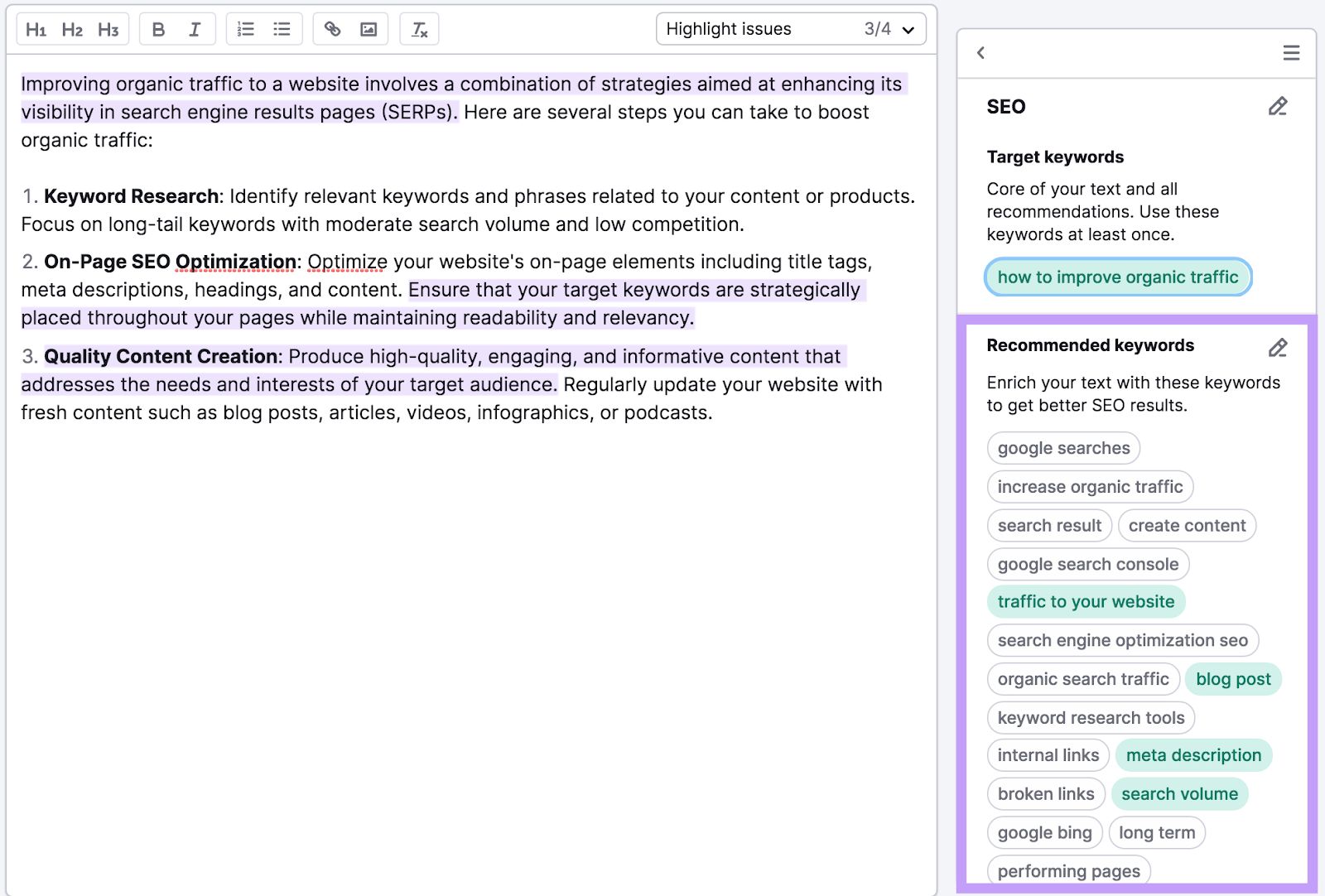 SEO Writing Assistant's keyword suggestions related to "how to improve organic traffic"
