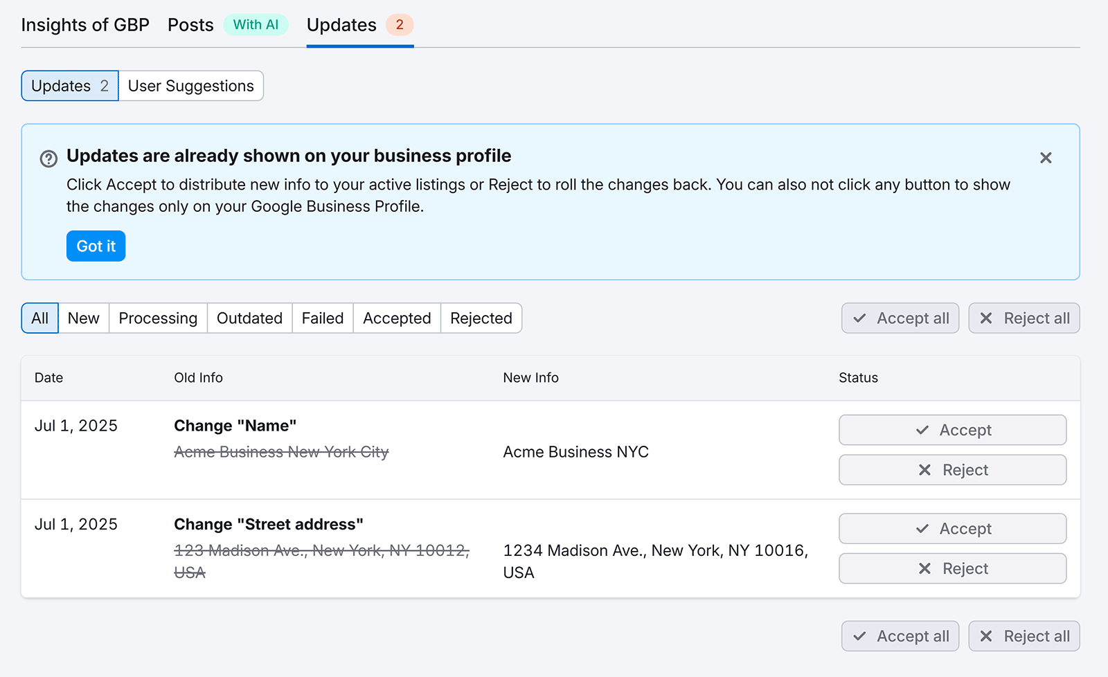 Google Business Profile updates management screen showing new info changes for business name and street address, with accept or reject options