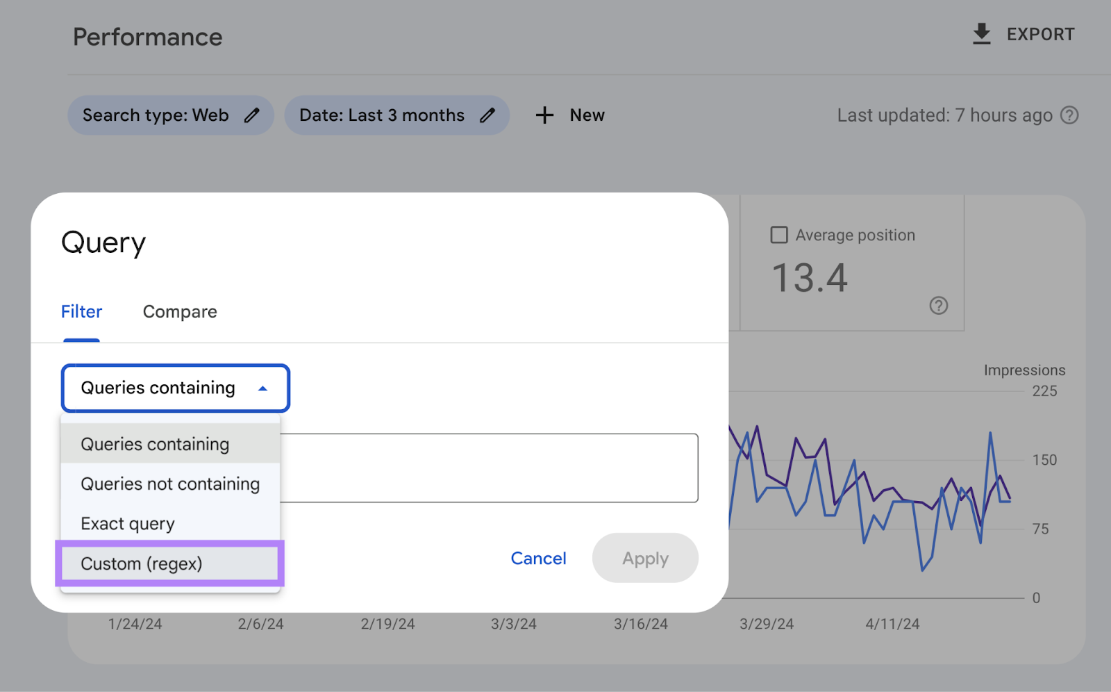 Queries containing drop down shows Custom regex option