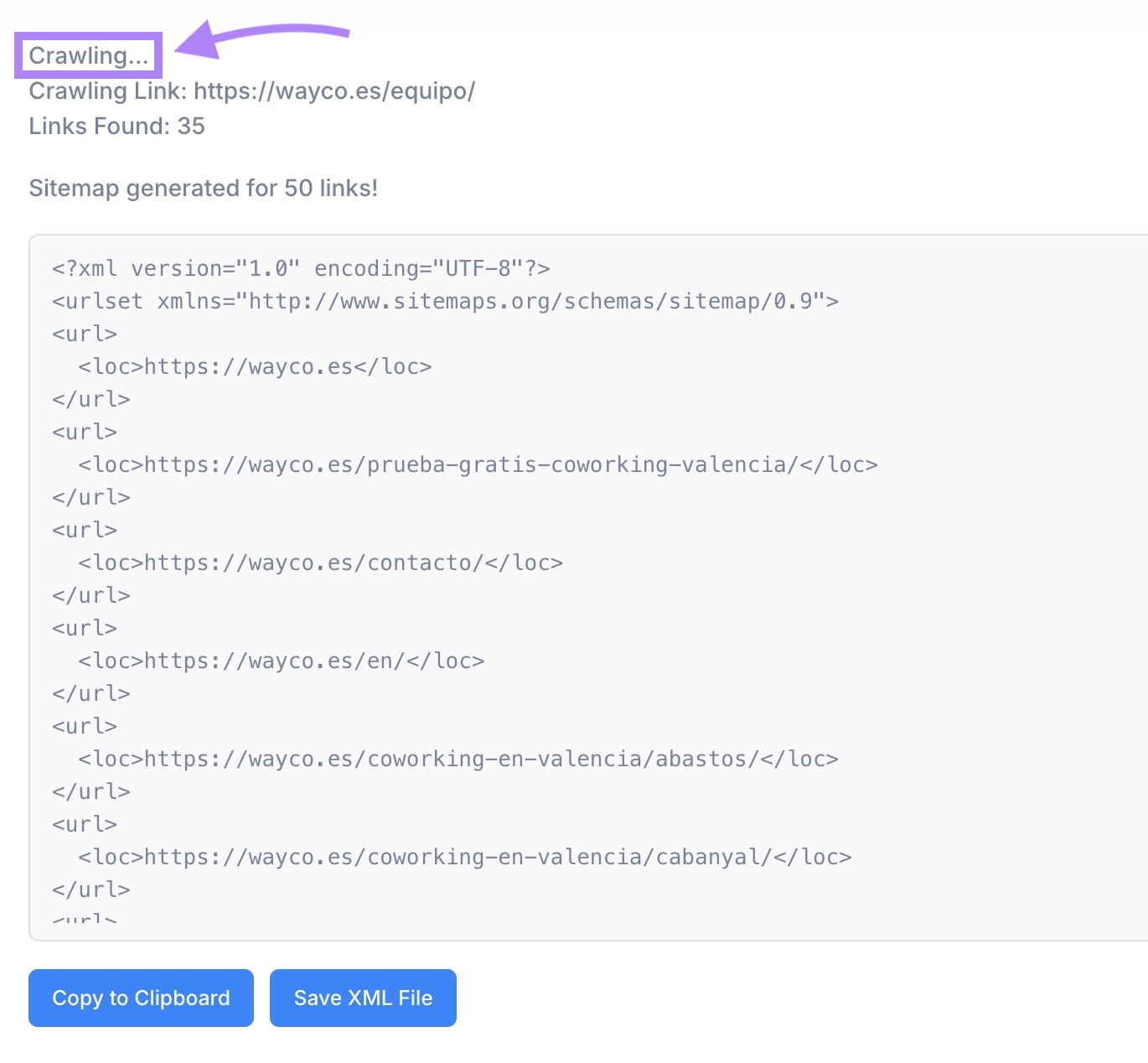 SEOptimer crawling a website and generating a sitemap for it.