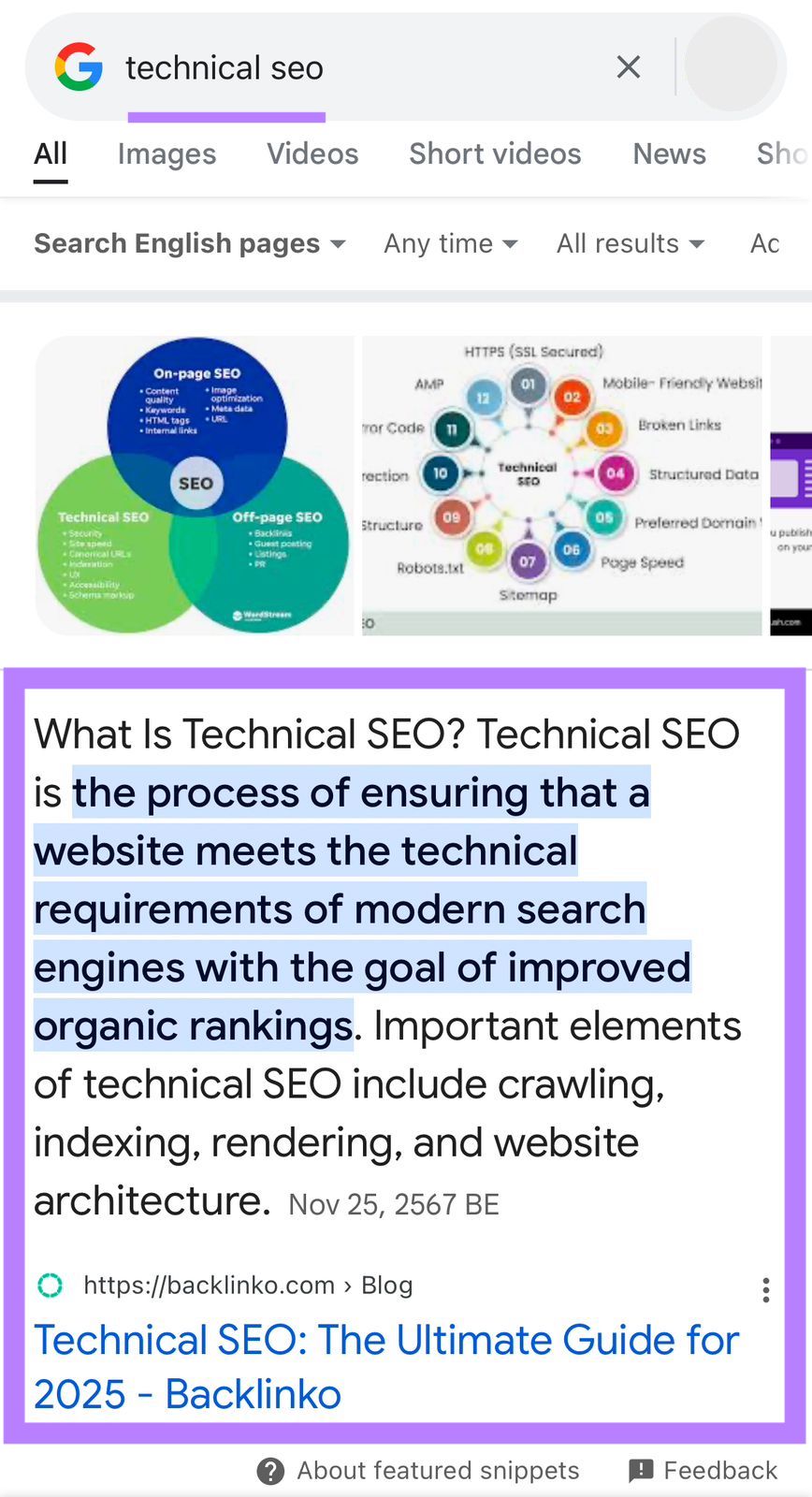Google SERP for the term "technical seo" on a mobile device with the featured snippet highlighted.