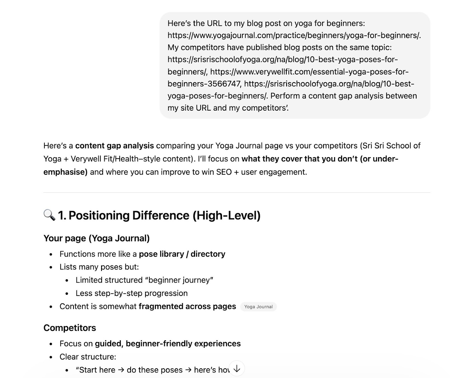 Generating a content gap report on ChatGPT by asking it to analyze the link to a site versus links to competing pages.