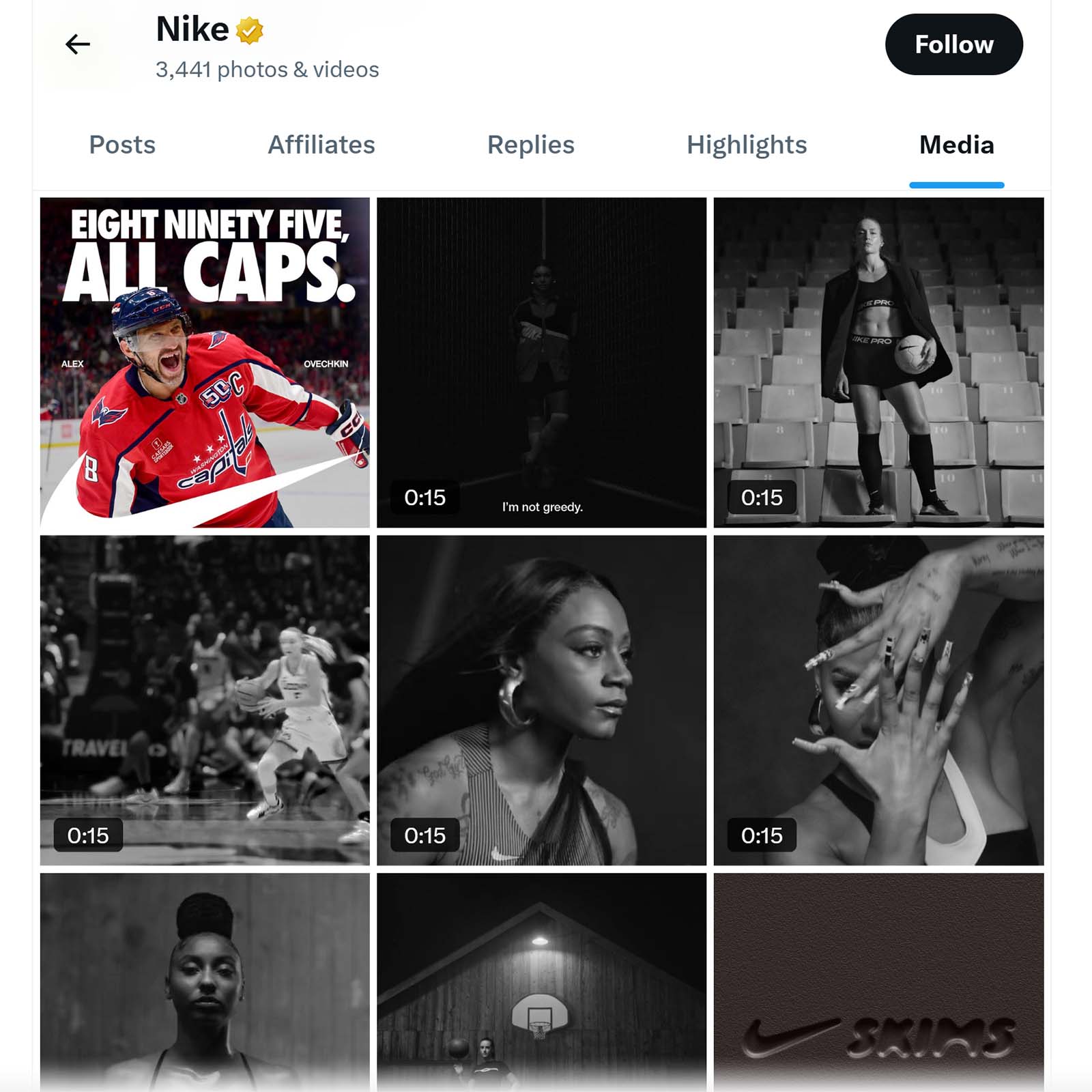 Nike's X (formerly Twitter) media feed with short videos and athlete highlights in a bold, black-and-white visual style.