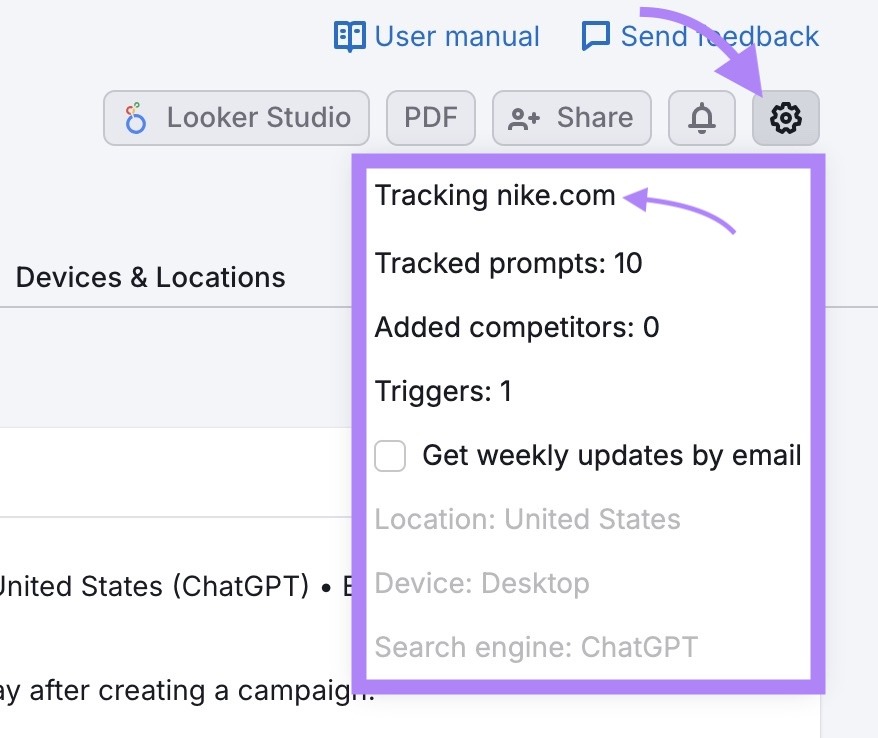The gear icon clicked on the top-right of the Position Tracking tool and "Tracking nike.com" clicked.