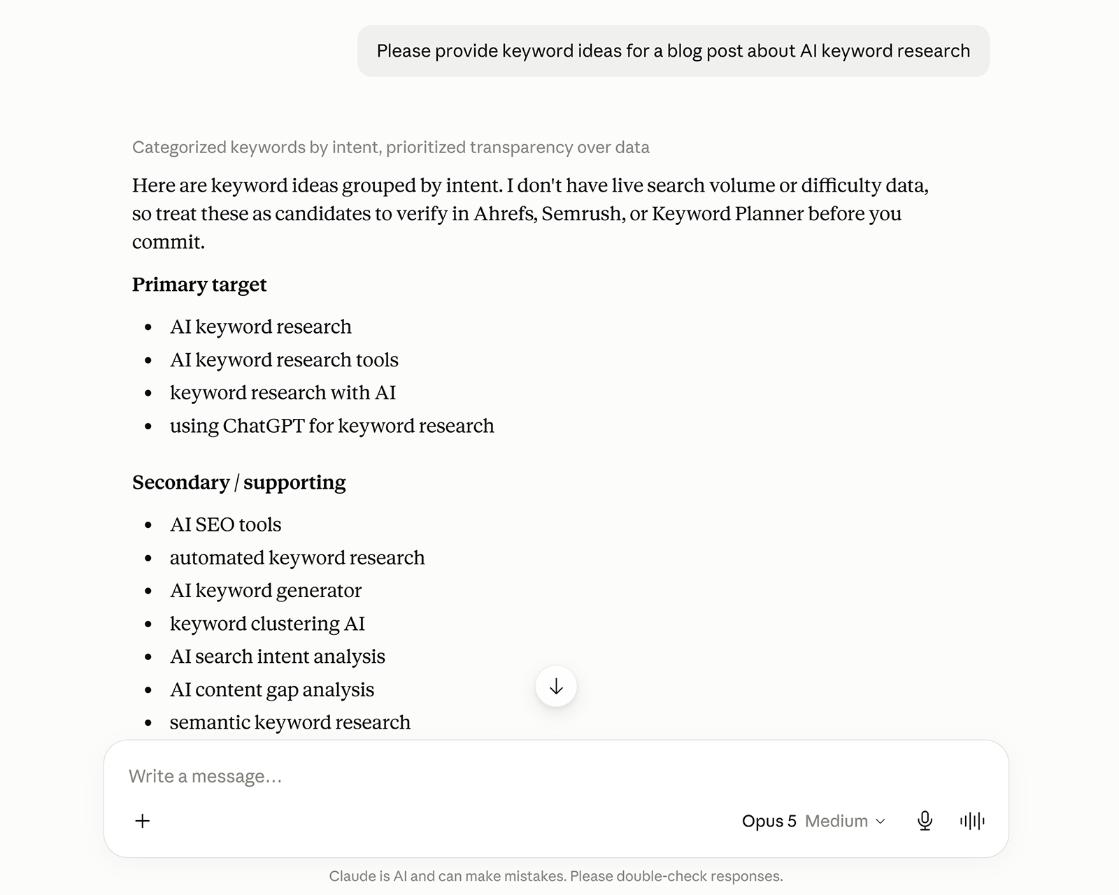 Claude grouping AI keyword research ideas into primary and supporting keywords