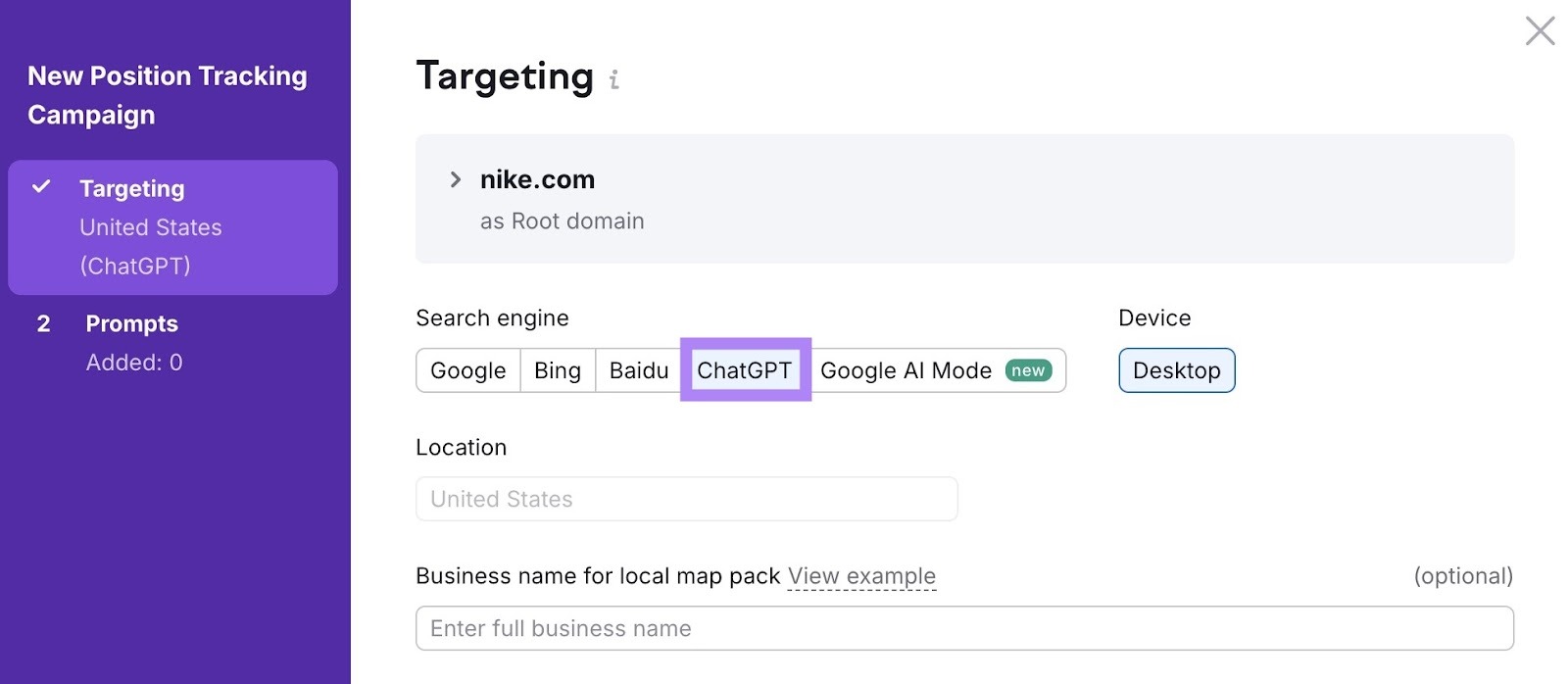 Targeting settings on the Position Tracking tool with "ChatGPT" selected as the search engine.