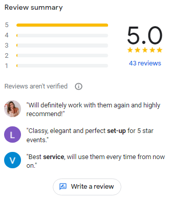 Google reviews for a party planner.