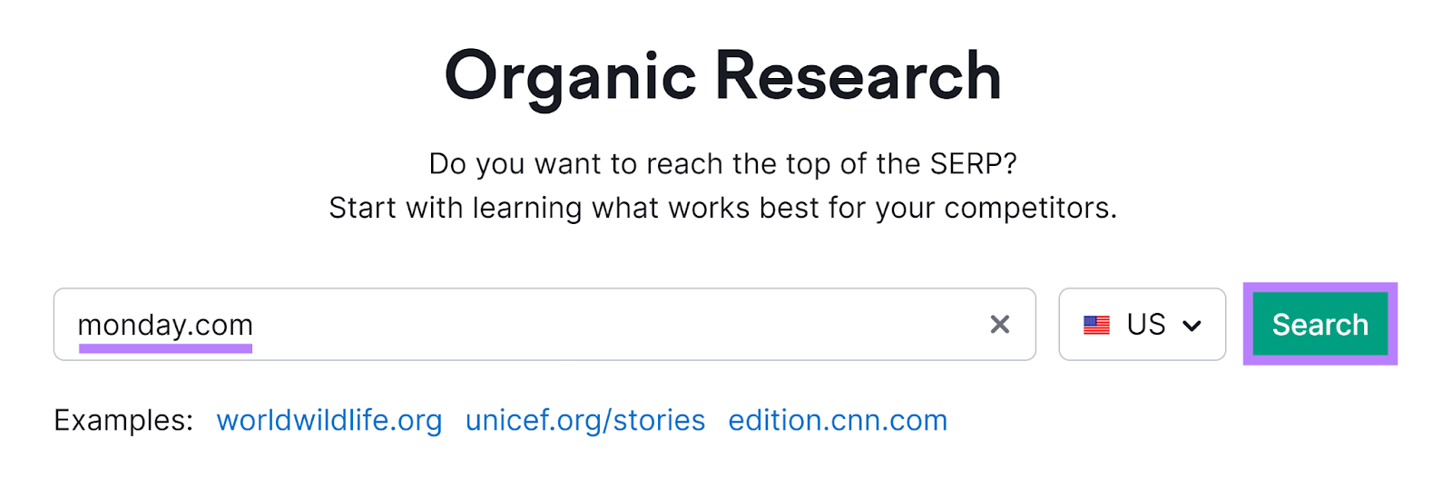 Semrush Organic Rankings tool start with domain and Search button highlighted.