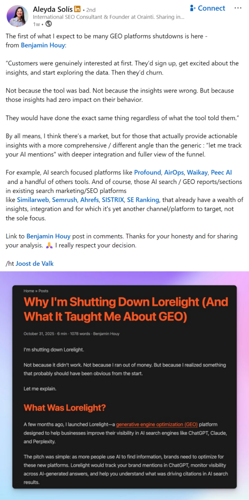 LinkedIn post from Aleyda Solis discussing the shut down of GEO monitoring tool Lorelight.