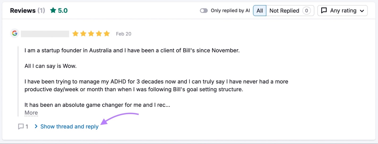 A Google review on Semrush’s Review Management tool with “Show thread and reply” button clicked.