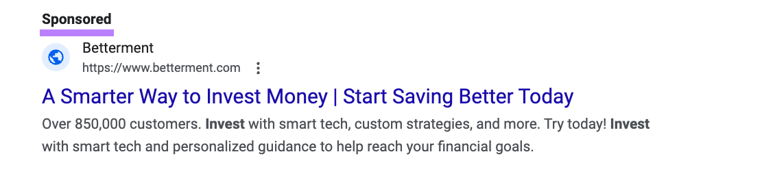 google search text ad appears on the SERP with a bolded sponsored label above the ad