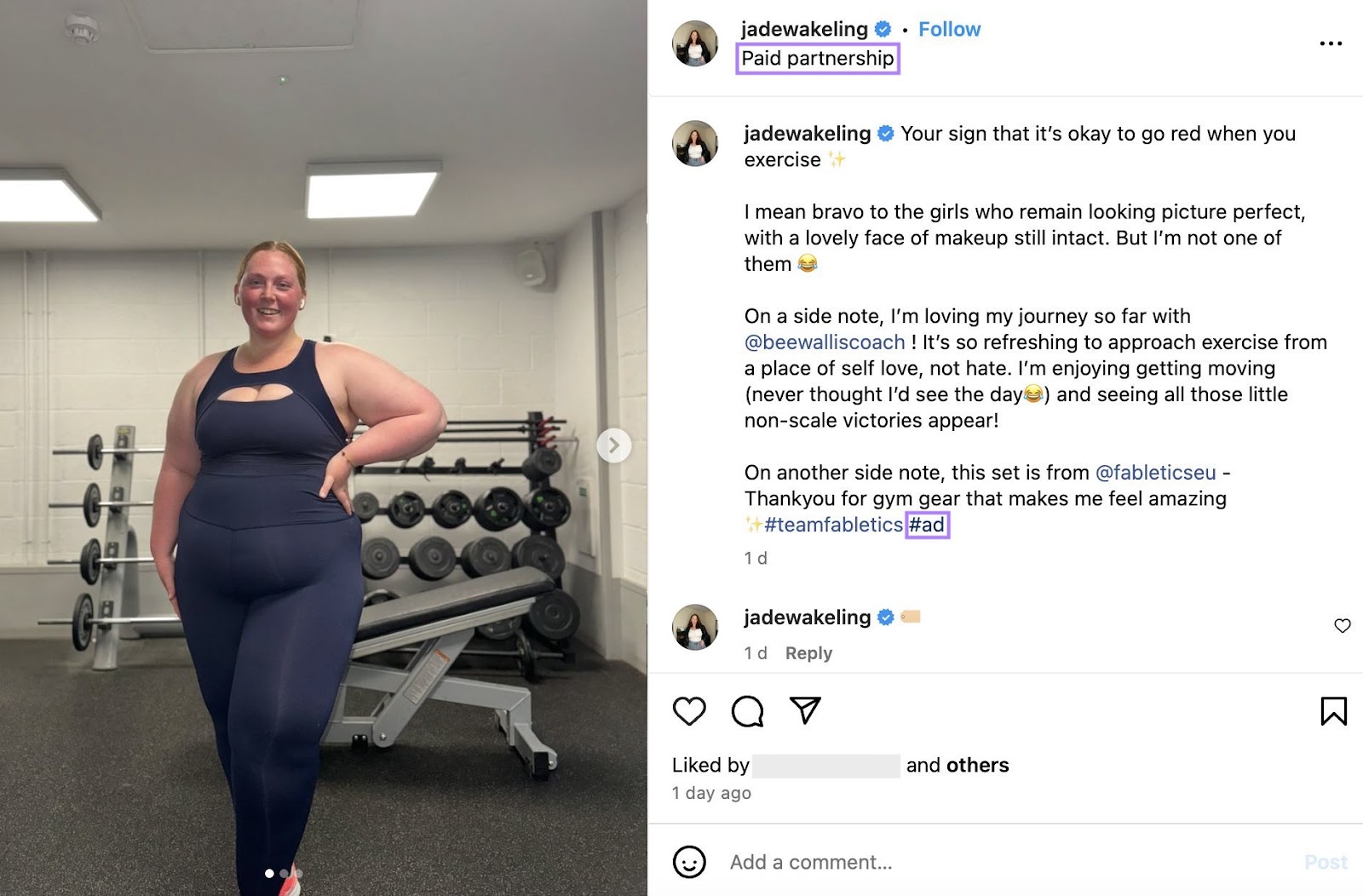 Paid partnership post on Instagram by a fitness influencer in collaboration with Fabletics