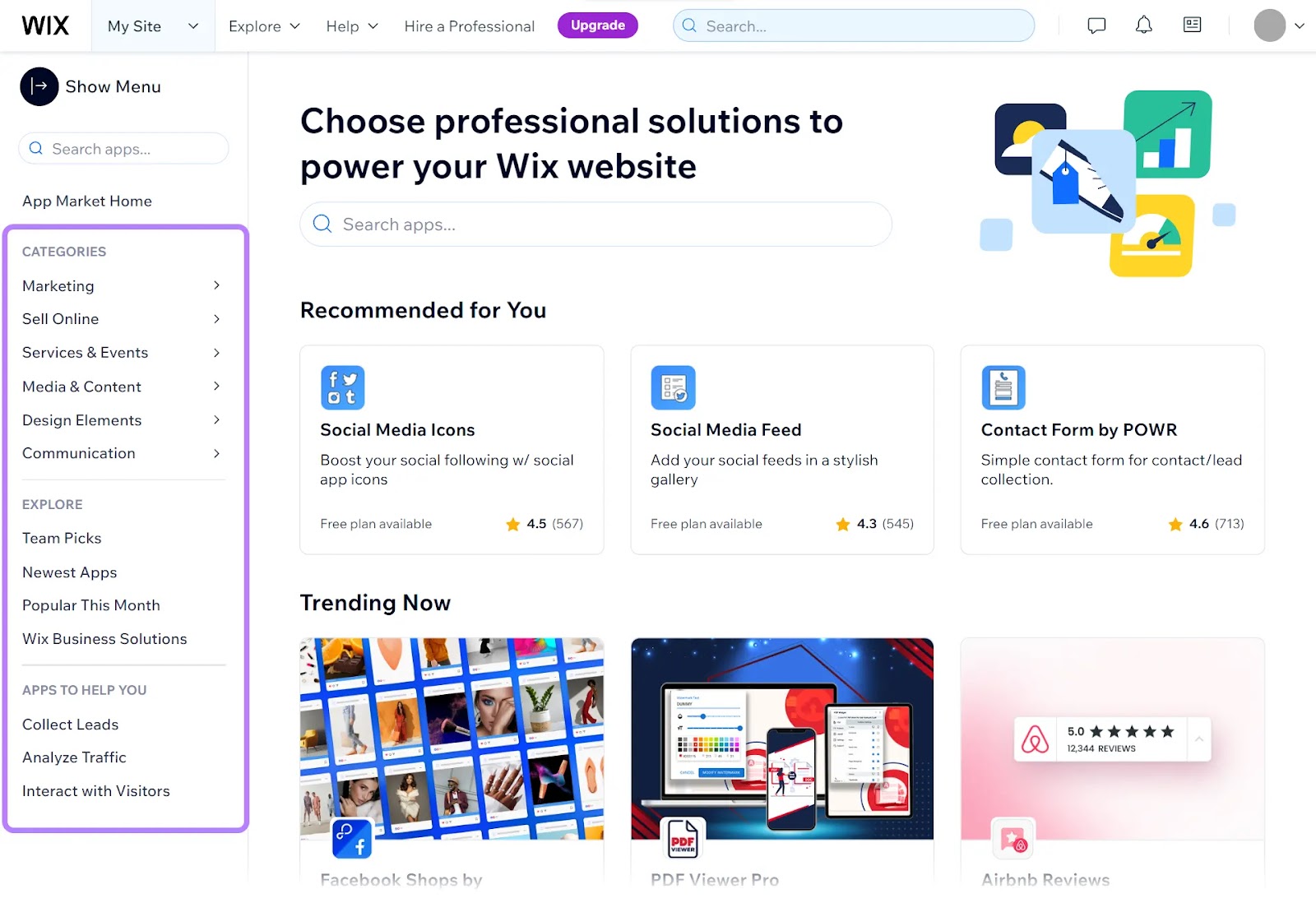 Wix App Market organizes the apps by usefulness, trending status, or targeted business needs
