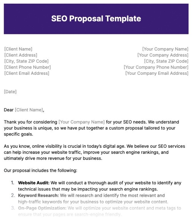 A screenshot of our free SEO proposal template.