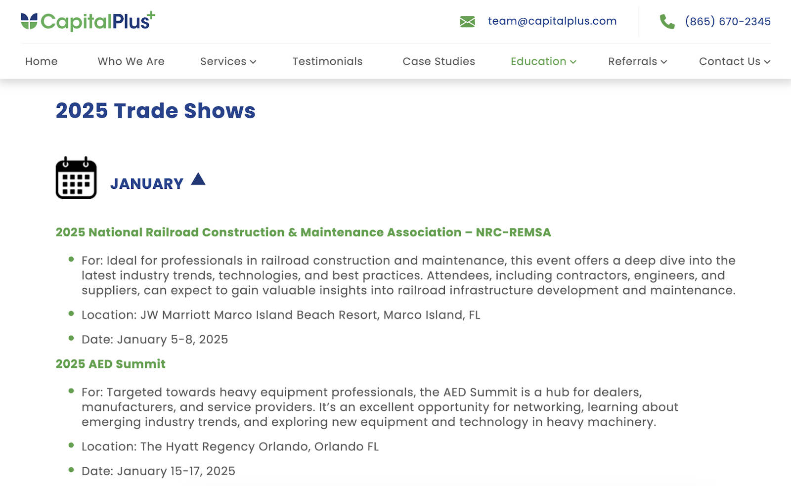 Blog post lists trade show events by month, including the location, exact date, and event description.