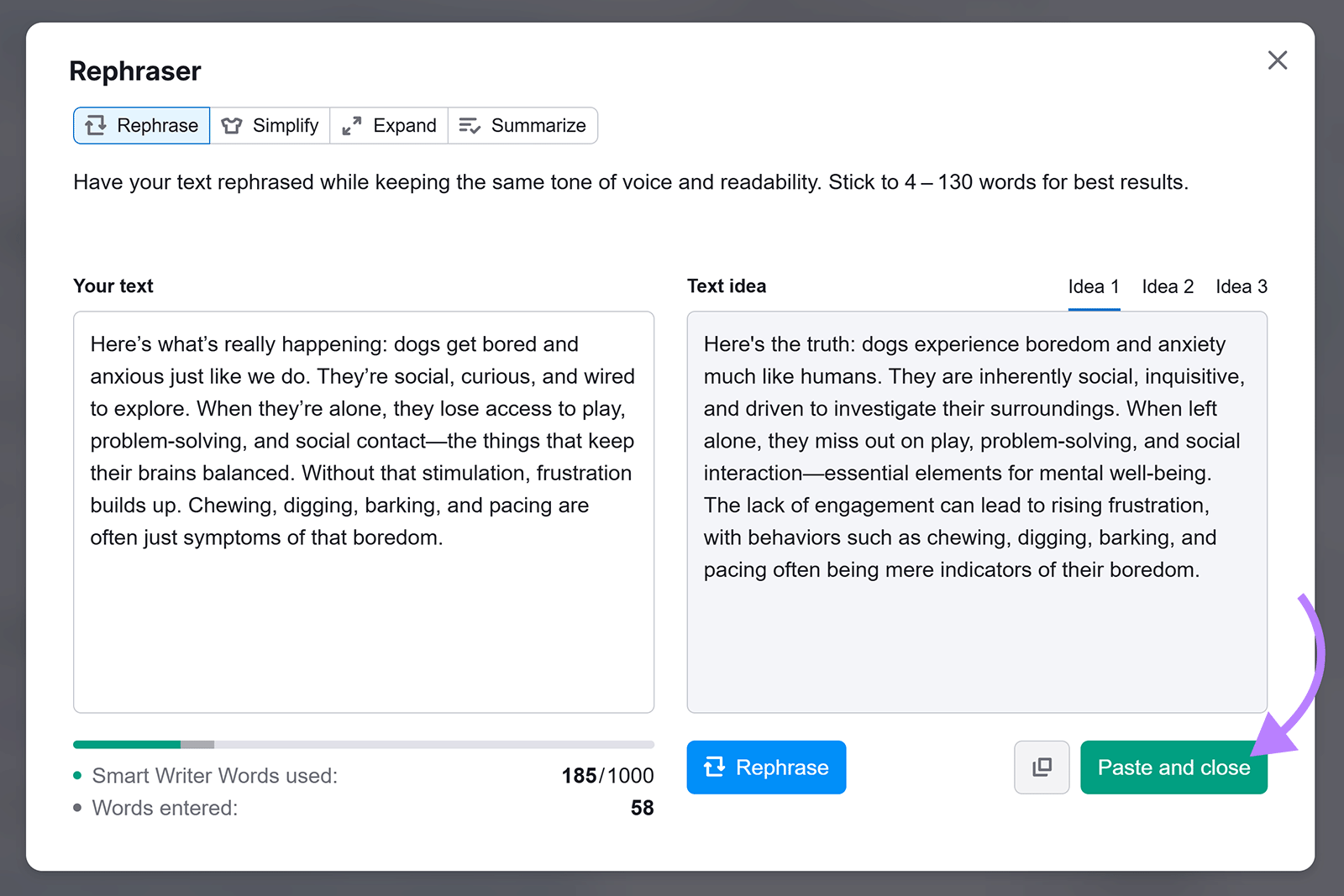 Rephraser tool with original and AI-suggested text with arrow pointing to “Paste and close” button.