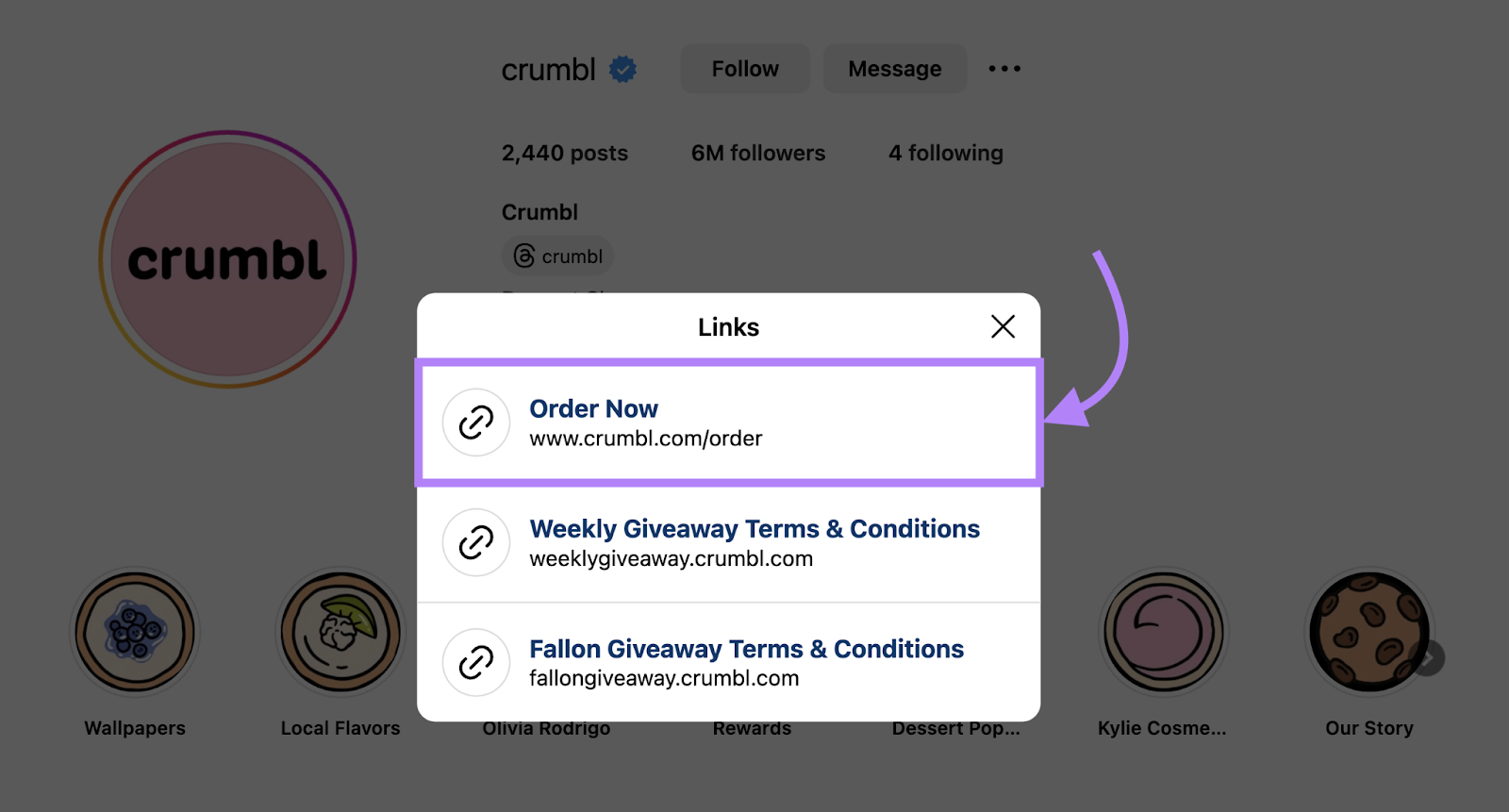 Instagram links includes a link to order now.