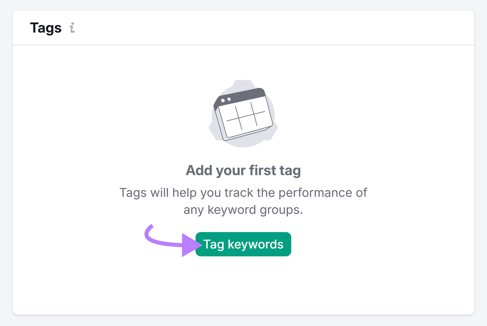 Add your first tag box with arrow pointing to Tag keywords button
