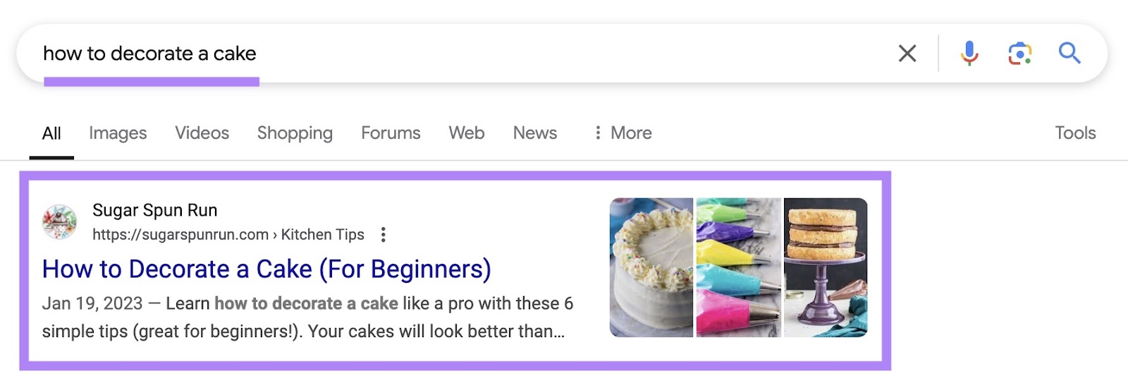 Google SERP for the term "how to decorate a cake" where a featured snippet doesn't appear.