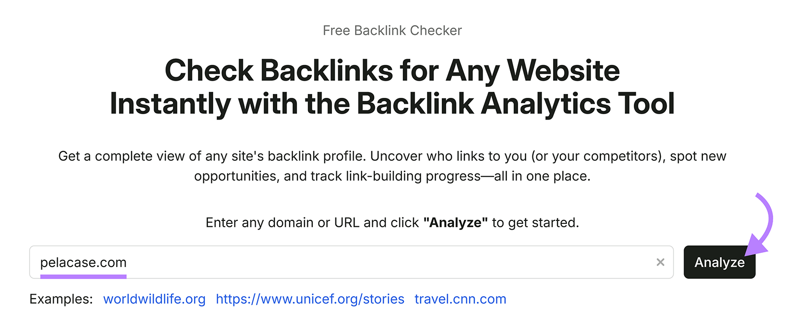 Semrush Backlink Analytics tool with pelacase.com entered for backlink analysis