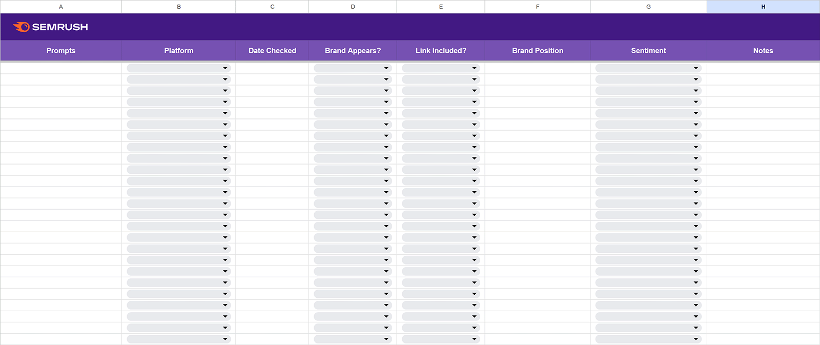 Spreadsheet template for tracking AI visibility with columns for prompts, platform, brand presence, links, and sentiment