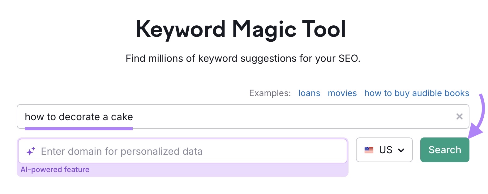 Keyword Magic Tool start with the "how to decorate a cake" entered as the term and "Search" clicked.