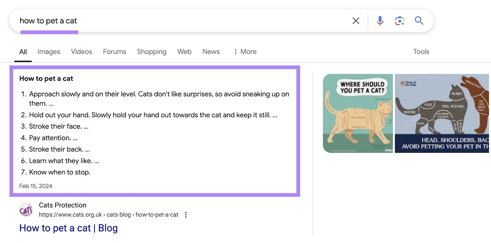 Google SERP for the term "how to pet a cat" triggering an ordered list snippet.