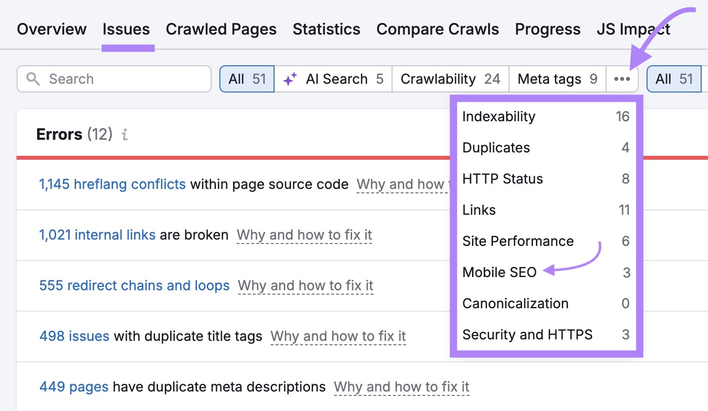 Site Audit Issues with the three dots icon clicked and "Mobile SEO" selected from the list.