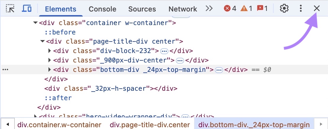 Exiting the Chrome developer tools panel by clicking "X" in the top right corner.