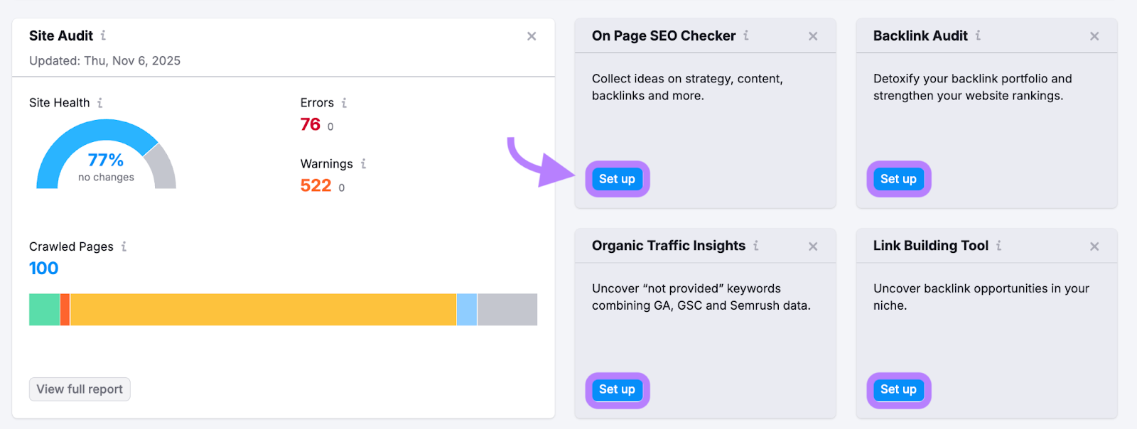 Blue set up buttons from the dashboard